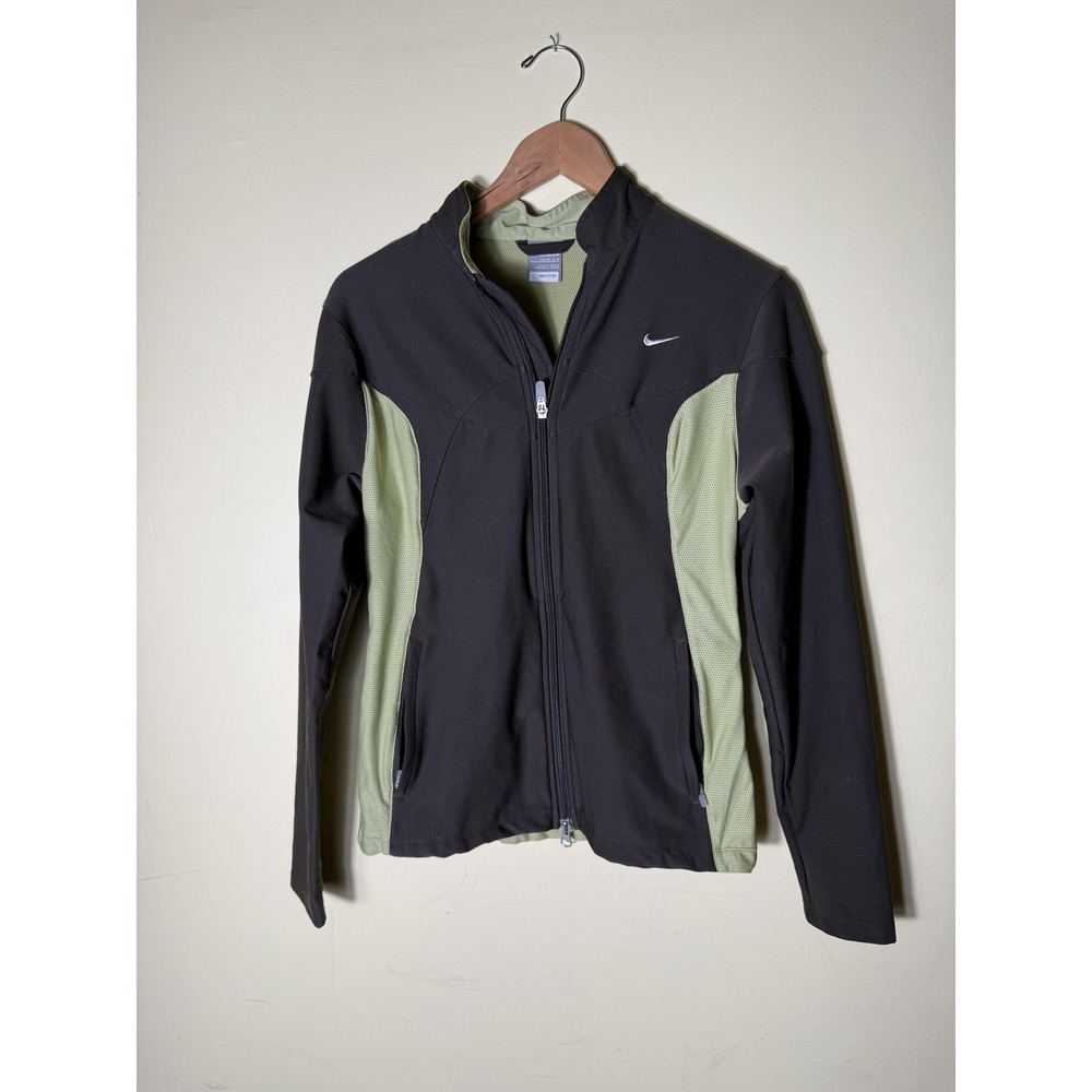Nike Jacket Womens Medium Black Green NikeFIT DRY Running Windbreaker Full Zip